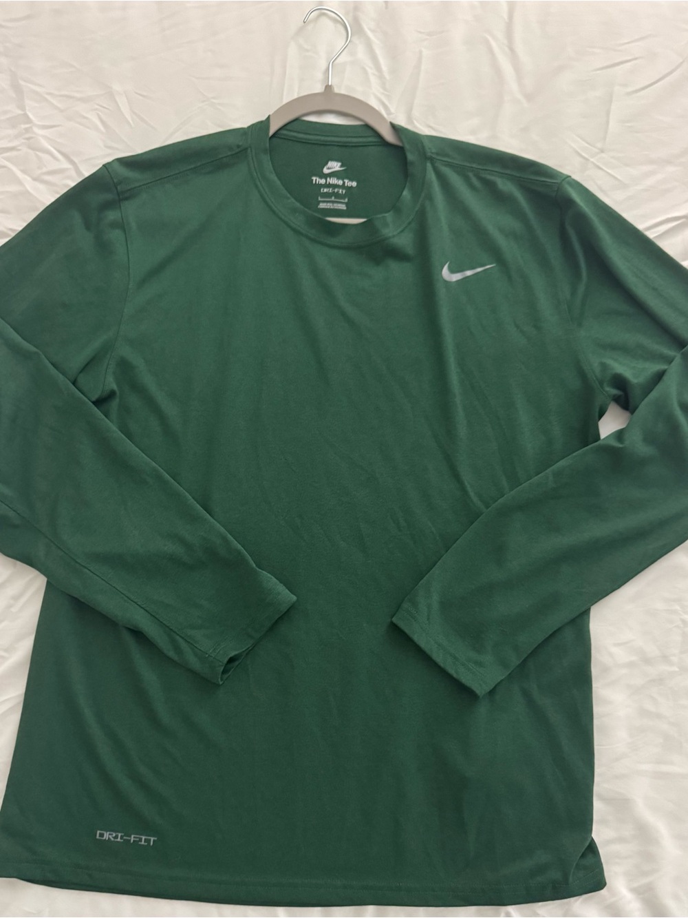 Nike Men’s Long Sleeve Dri-FIT Crew Shirt - Dark Green with Silver Swoosh